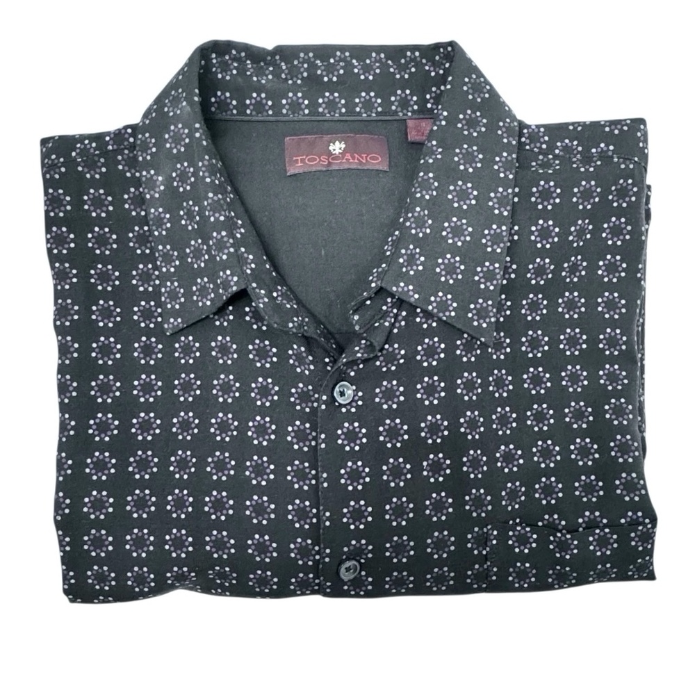 TOSCANO BLACK W PURPLE & WHITE CIRCLE DESIGN SILK BLEND SHORT SLEEVE CAMP SHIRT